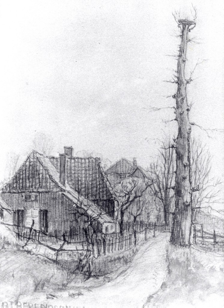 De tekenaar/etser Hermanus Gerardus Berendseb (1867-1948) maakte van de boerderij een fraaie tekening. Links de bocht in het Unksepad die naar de Benedendorpsweg voerde, nabij "de Parre".