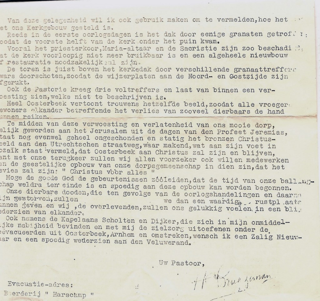 Brief van pastoor Bruggeman aan zijn parochianen "in ballingschap".
