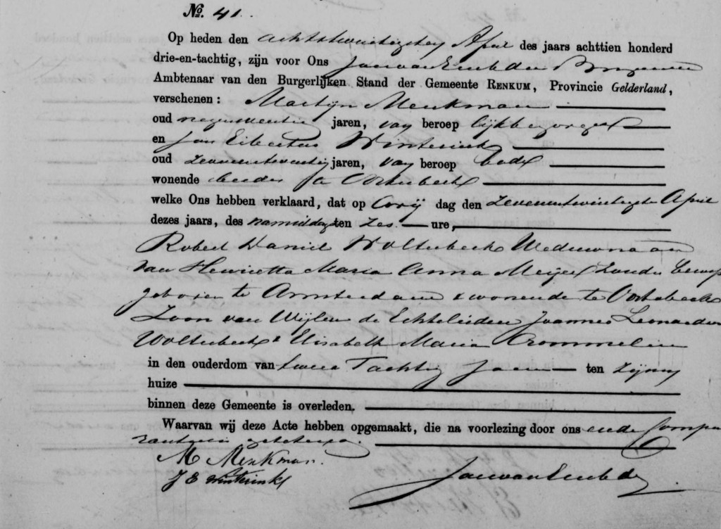 De overlijdensakte van Robert Daniel Wolterbeek, ondertekent door de doodgraver Martinus Menkman en de burgemeester